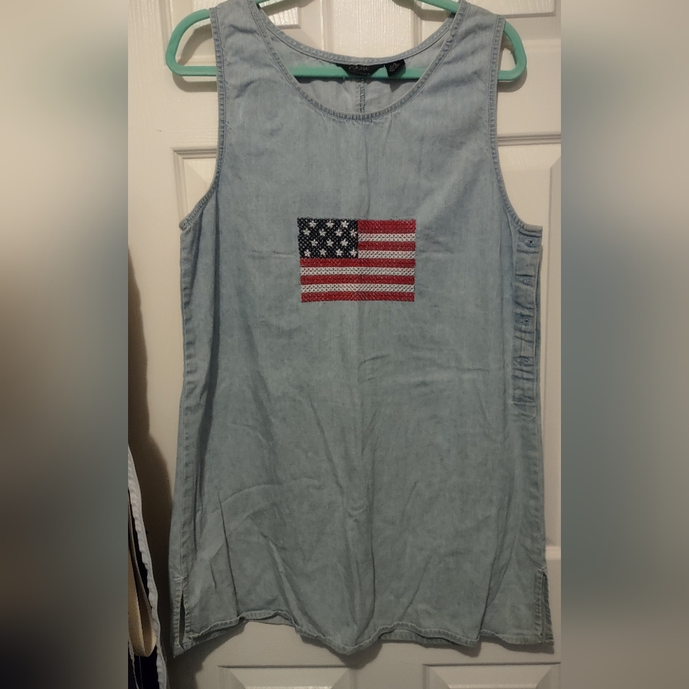Denim Dress With Embroidered American Flag